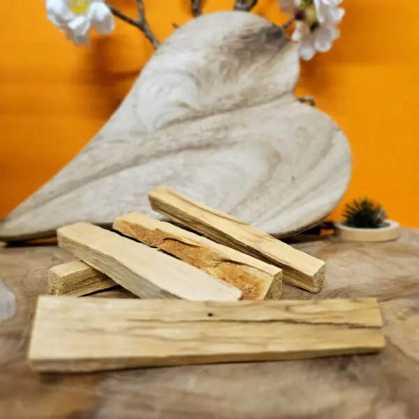 Un sachet contenant cinq bâtonnets de Palo Santo, un bois sacré d'Amérique du Sud, utilisé pour ses propriétés de purification et de bien-être énergétique, avec un arrière-plan suggérant un environnement naturel et apaisant