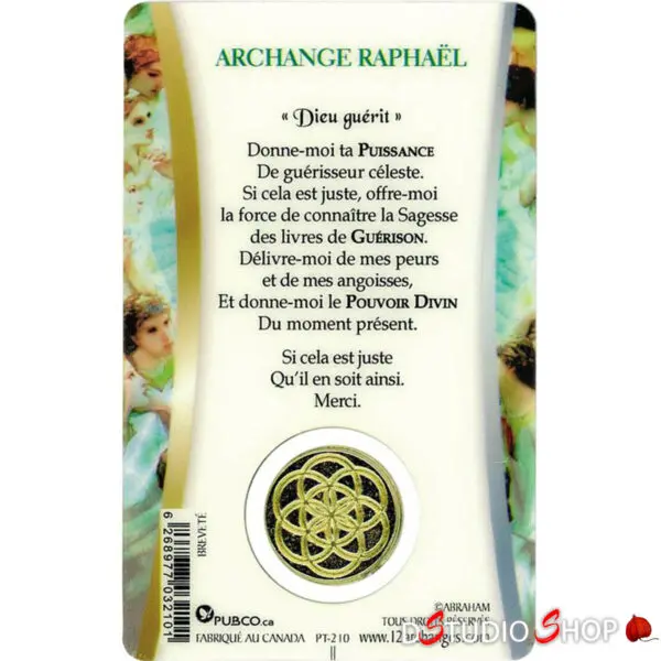 Médaille sur carte Prière Guérison Raphaël
