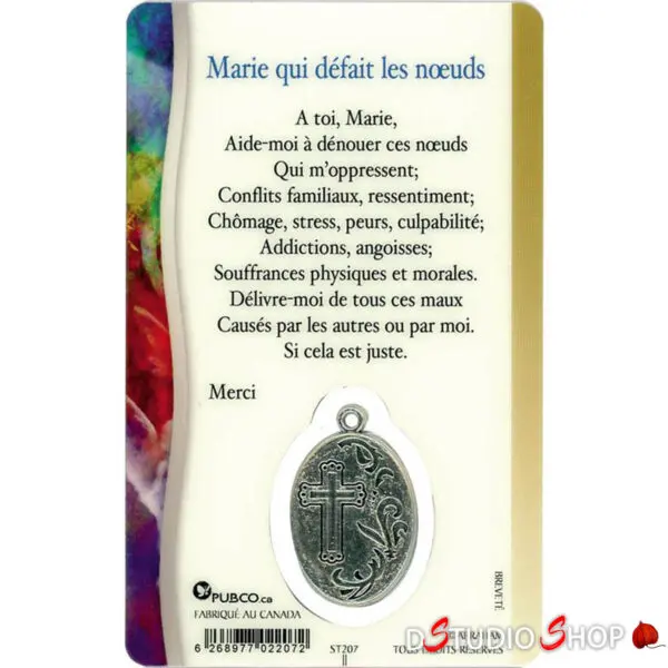 Médaille sur carte Prière Marie qui défait les Noeuds