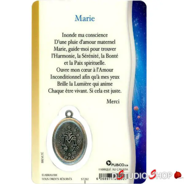 Médaille sur carte Prière Sainte-Marie