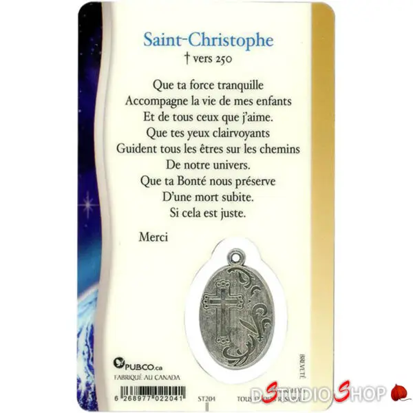 Médaille sur carte prière Saint-Christophe