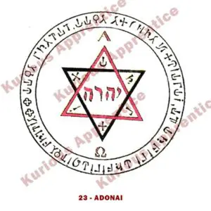 Une feuille de papier de 8 cm sur 8 cm représentant le Pentacle Adonai de l'Abbé Julio. Le pentacle est orné de symboles ésotériques, conçu pour vous aider à traverser les situations les plus graves et à vous offrir réconfort et protection lorsque vous vous sentez abandonné de tous