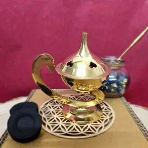 Notre Porte-Encens Aladdin est parfait pour ceux qui cherchent à élever leur expérience d'encens. Conçu pour la polyvalence et la sécurité, ce porte-encens facilite la méditation et la purification de votre environnement avec style. Allumez simplement un charbon, déposez votre encens préféré, et laissez la magie opérer.