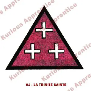 Une illustration du Pentacle de la Trinité de l'Abbé Julio imprimée sur une feuille de papier. Le dessin montre des symboles représentant la Sainte Trinité, entourés de motifs ésotériques. Ce pentacle est destiné à vaincre le mal et la maladie. En gardant ce talisman sur soi ou dans son environnement, on bénéficie d'une protection continue et d'une santé renforcée.