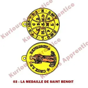 Une illustration du Pantacle de la médaille de Saint Benoît imprimée sur une feuille de papier. Le dessin montre les symboles sacrés de Saint Benoît, entourés de motifs détaillés. Ce pantacle, conçu par l'Abbé Julio, est destiné à offrir une puissante protection spirituelle contre les Mauvais Esprits. Le papier présente des inscriptions et des symboles ésotériques, représentant la force divine et l'exorcisme des esprits mauvais. Garder ce pantacle chez soi ou sur soi aide à renforcer la foi et à maintenir une barrière protectrice contre les influences négatives.