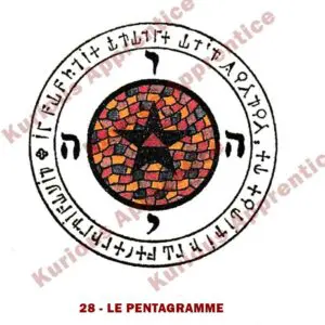 Une feuille de papier de 8 cm sur 8 cm représentant le Pentacle Le Pentagramme de l'Abbé Julio. Le pentacle est orné de symboles ésotériques, symbolisant la force et la puissance. Conçu pour repousser les influences négatives et préserver contre le mal, ce talisman sacré s'inspire des enseignements spirituels de l'Abbé Julio.