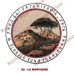 Une illustration du Pentacle de la Montagne de l'Abbé Julio imprimée sur une feuille de papier. Le dessin montre une montagne majestueuse, symbole de stabilité et de protection, entourée de motifs représentant des champs, prés, vergers, vignes et jardins. Ce pentacle est destiné à protéger les cultures contre les influences néfastes et à favoriser la fertilité et la prospérité des terres agricoles. En gardant ce talisman dans vos champs ou jardins, vous bénéficiez d'une protection continue et d'une récolte abondante.