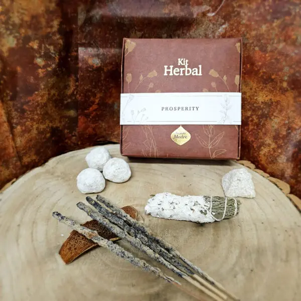 Image montrant le Kit Encens Sagrada Madre Prospérité. Le coffret contient trois bombes smudge premium en oliban/yagra, un bâtonnet d'oliban/yagra, quatre bâtonnets d'encens oliban/yagra et une pyramide smudge d'oliban/yagra. Les produits sont soigneusement emballés dans des matériaux naturels, illustrant l'engagement de Sagrada Madre envers l'environnement.