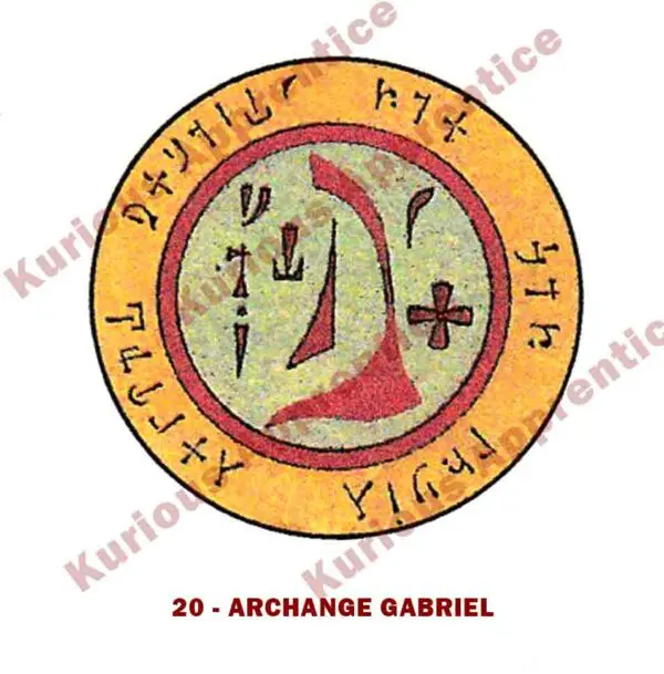 Pentacle Archange Gabriel de l'Abbé Julio en papier de 8 x 8 cm, conçu pour offrir paix, bonne santé et réussite en toute entreprise. Ce talisman calme les disputes, triomphe de la pauvreté et apporte une honnête aisance. Utilisez ce pentacle pour bénéficier de ses vertus protectrices et spirituelles au quotidien.