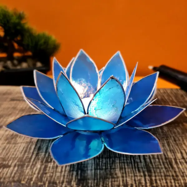 Bougeoir Lotus - Bleu Argent en coquille de Capiz