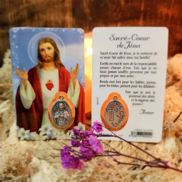 Médaille sur carte Sacré-Coeur de Jésus