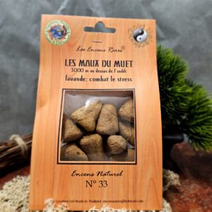 Sachet d'encens rares « Les maux du muet » de la marque DVF, pesant 25 grammes. Le sachet est étiqueté pour indiquer qu'il combat le stress et met en avant sa fabrication artisanale en Thaïlande, sans charbon ni bois, à base de plantes, herbes, feuilles de bambou, banane, eucalyptus, benjoin, myrrhe et copal