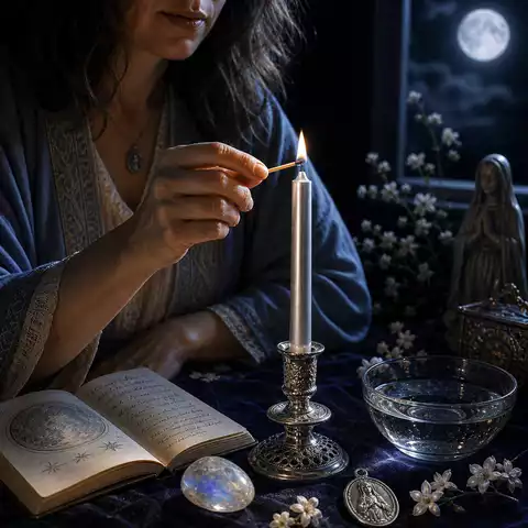 Main allumant une bougie argentée pour intuition avec eau lunaire, pierre de lune, journal des rêves et médaille Stella Maris.