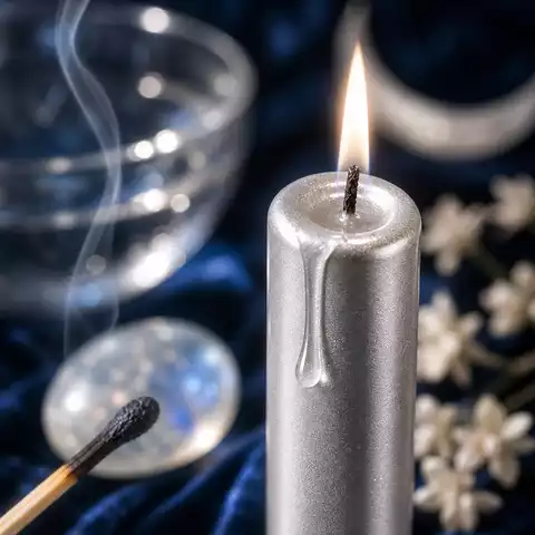Gros plan d’une bougie argentée allumée avec flamme douce, cire fondue, fumée légère, pierre de lune et ambiance lunaire.