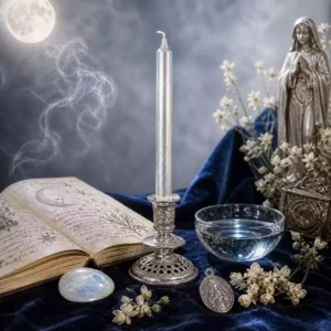 Bougie argentée pour intuition dans un bougeoir argenté avec pierre de lune, eau claire, fleurs blanches et médaille Stella Maris.