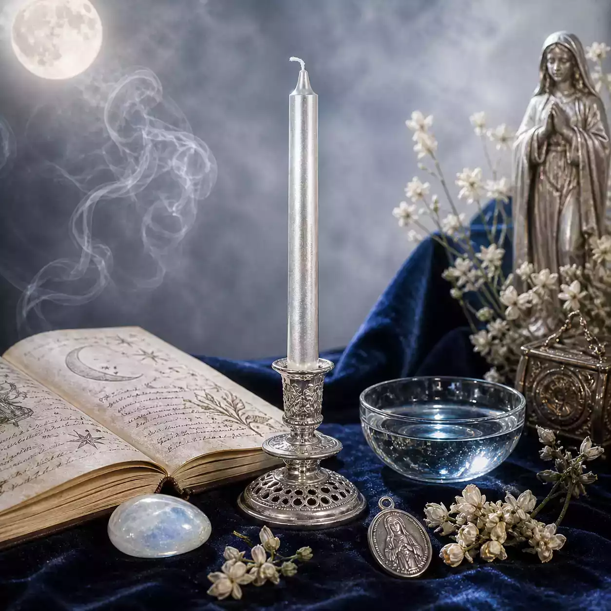 Bougie argentée pour intuition dans un bougeoir argenté avec pierre de lune, eau claire, fleurs blanches et médaille Stella Maris.