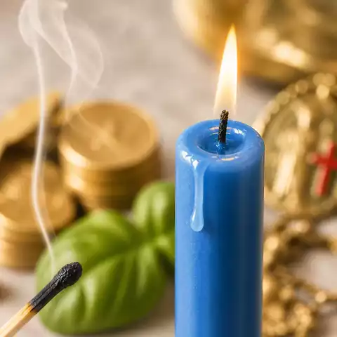 Gros plan d’une bougie bleu clair allumée avec flamme dorée, cire fondue, fumée douce et fond clair.