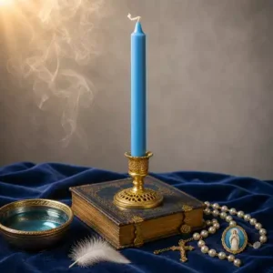 Photographie produit premium d’une bougie bleu clair inspirée de la teinte de référence, présentée dans un décor marial lumineux et apaisant. Le bougeoir doré, le psautier ancien, l’eau claire, la plume blanche, le rosaire nacré et la médaille de Notre-Dame de Lourdes évoquent la paix, la sagesse, la justice intérieure et la prière.