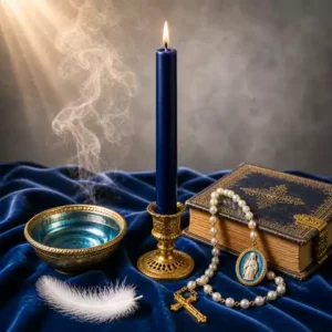 Bougie bleu foncé allumée dans un bougeoir doré avec eau claire, plume blanche, rosaire et médaille Notre-Dame de Lourdes.