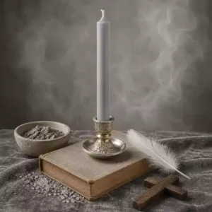 Bougie grise pour neutralisation dans un bougeoir argenté avec sel gris, cendre, plume blanche, croix en bois et livre ancien.