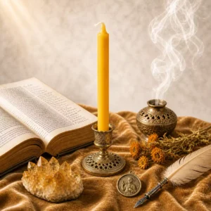 Bougie jaune pour examens dans un bougeoir doré avec citrine, plume, calendula, livre ancien et médaille Saint Joseph de Cupertino.