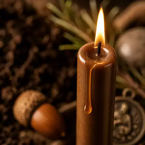 Gros plan d’une bougie marron allumée avec flamme dorée, cire fondue, terre, romarin, gland de chêne et ambiance d’ancrage.
