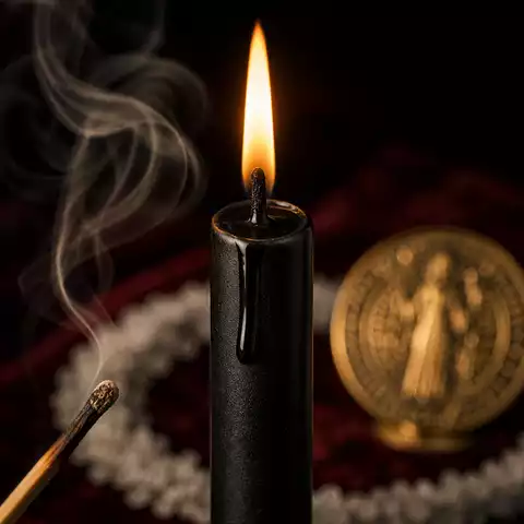 Gros plan d’une bougie noire allumée avec flamme dorée, cire noire fondue, fumée blanche, médaille Saint Benoît et cercle de sel.