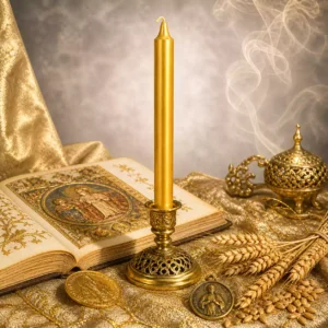 Bougie or pour prospérité dans un bougeoir doré avec manuscrit ancien, pièces, blé et médaille Saint Joseph travailleur.