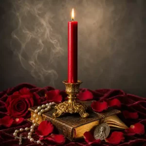 Bougie rouge allumée pour amour avec pétales de rose, chapelet, livre ancien, bougeoir doré et médaille Sainte Rita.