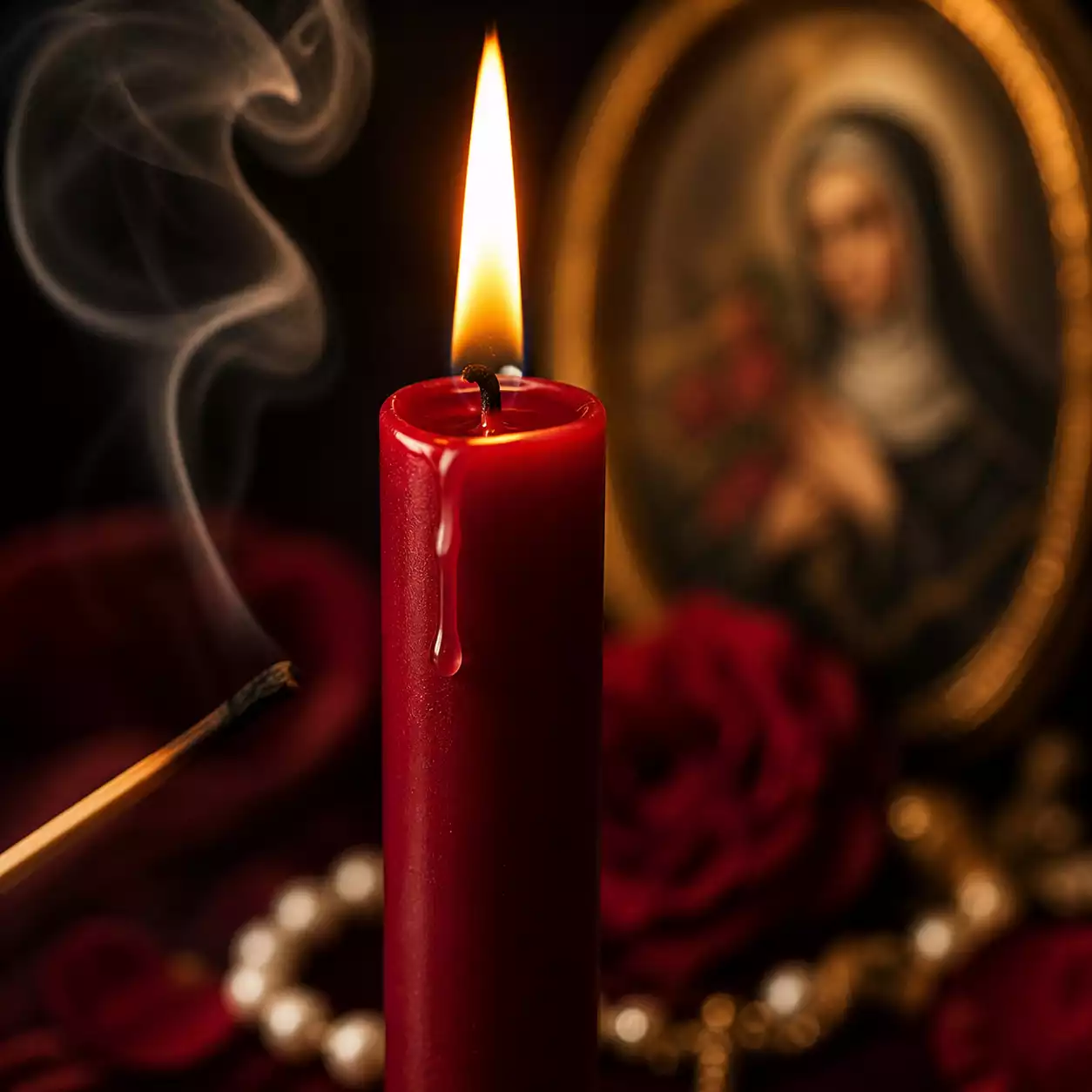 Bougie rouge allumée avec une goutte de cire fondue, fumée d’allumette, roses rouges, rosaire et icône de Sainte Rita en arrière-plan.