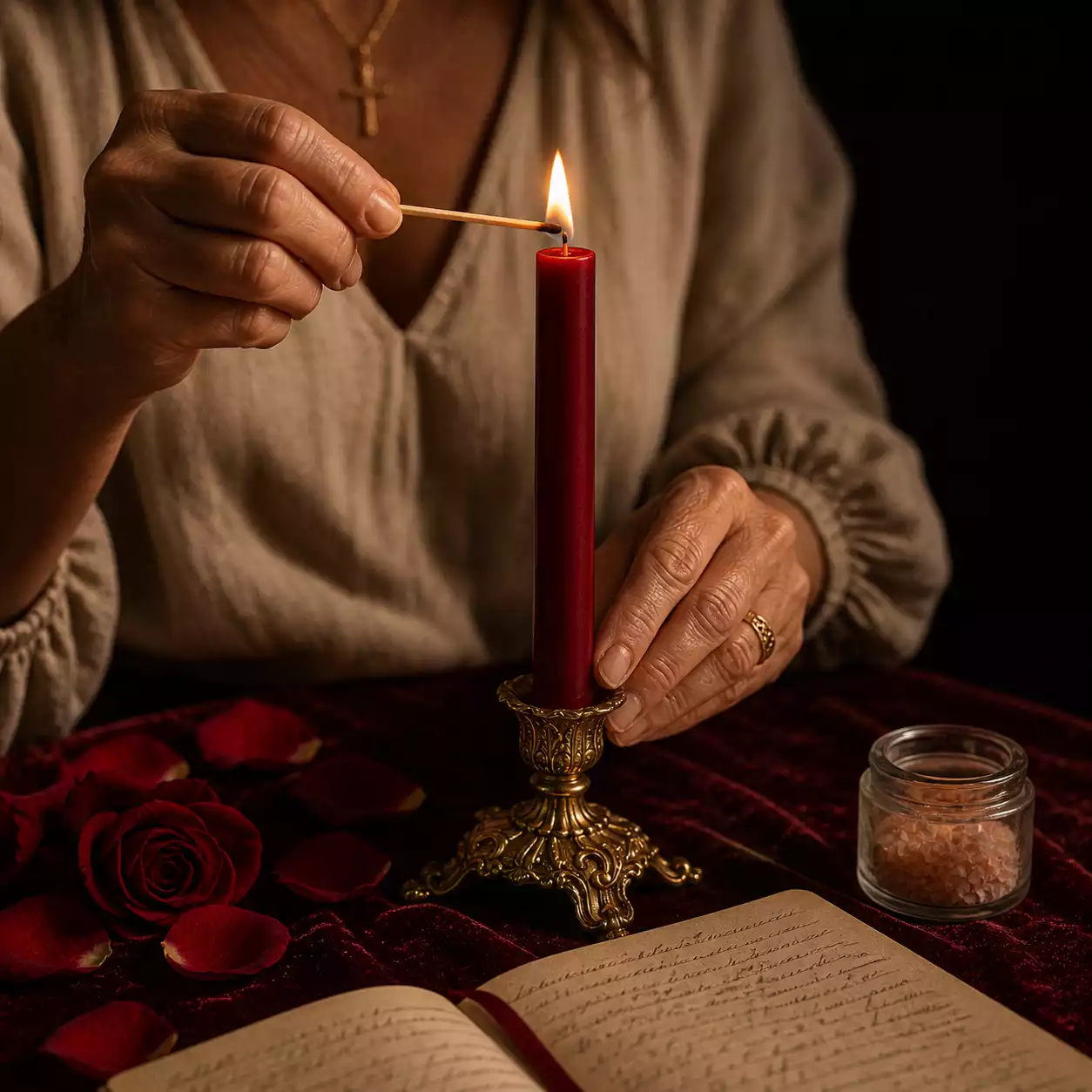 Mains d’une femme allumant une bougie rouge dans un porte bougie doré sur un autel avec roses, carnet de prière et sel rose.