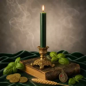 Bougie vert foncé allumée pour prospérité avec bougeoir doré, basilic, pièces, blé et médaille Saint Expédit.