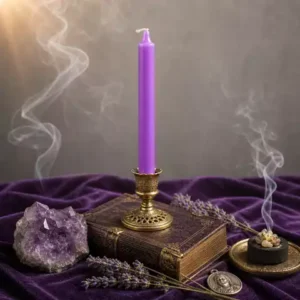 Bougie violette pour méditation dans un bougeoir doré avec améthyste, lavande, encens et médaille Padre Pio.