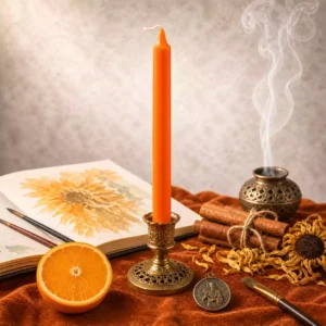 Photographie produit premium d’une bougie orange fine inspirée de la teinte de référence, présentée dans une ambiance artistique chaleureuse et lumineuse. Le bougeoir doré, le carnet de croquis, les pinceaux, l’orange fraîche, la cannelle, les fleurs séchées et la médaille de Sainte Cécile créent un univers joyeux et inspirant, idéal pour une bougie liée à la créativité, à l’élan artistique et aux rituels d’intention.