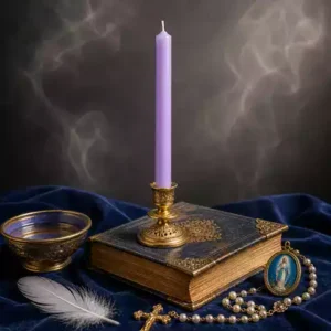 Bougie parme mariale dans un bougeoir doré avec psautier ancien, eau claire, plume blanche, rosaire et médaille Notre-Dame de Lourdes.