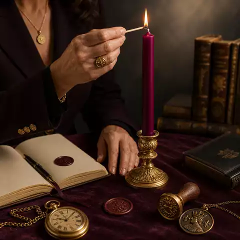 Photographie produit réaliste d’une bougie pourpre foncé allumée dans une ambiance élégante et affirmée. Le fond éclairci, le bureau feutré, le velours cardinal, le carnet d’intention, la montre à gousset, le sceau de cire et la médaille Saint Louis IX créent un univers de leadership, d’autorité juste, de décision et de pouvoir maîtrisé.