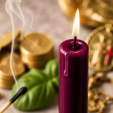 Photographie macro réaliste d’une bougie pourpre foncé allumée, avec flamme dorée, mèche nette et larme de cire pourpre. Le fond lumineux avec reflets dorés et fumée douce crée une ambiance élégante et spirituelle, idéale pour évoquer l’autorité juste, le leadership, la décision et le pouvoir maîtrisé.