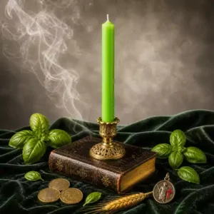 Bougie verte vive pour prospérité avec bougeoir doré, basilic, pièces, blé et médaille Saint Expédit.