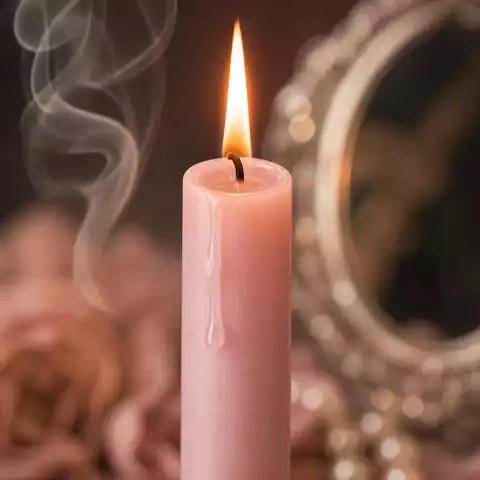 Gros plan sur une bougie rose allumée avec une goutte de cire fondue, une légère fumée blanche et un miroir ancien en arrière-plan.