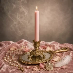 Bougie rose pâle allumée pour amour-propre avec miroir ancien, pétales de rose, chapelet, plume blanche et médaille Sainte Thérèse.