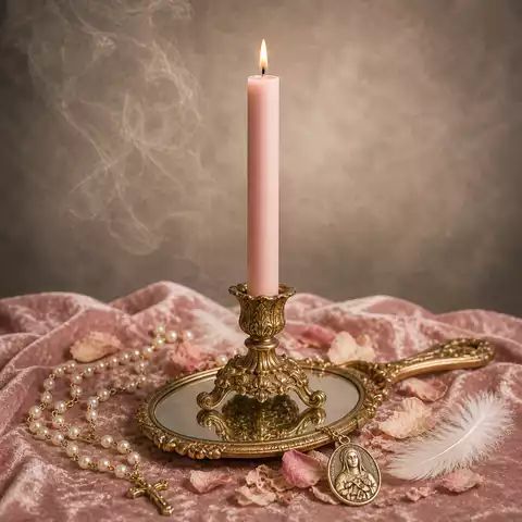 Bougie rose pâle allumée pour amour-propre avec miroir ancien, pétales de rose, chapelet, plume blanche et médaille Sainte Thérèse.