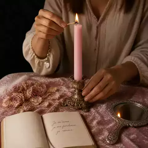 Mains d’une femme allumant une bougie rose pastel sur un autel doux avec carnet d’affirmation, pétales de pivoine et miroir ancien.