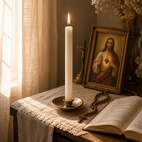 Bougie blanche de prière allumée sur autel catholique maison avec icône du Sacré-Cœur, chapelet et livre ouvert.
