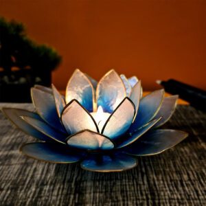 Bougeoir Lotus - Bleu Blanc Or en coquille de Capiz