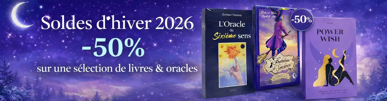 Bannière des soldes d’hiver 2026 avec réduction de 50 pour cent sur une sélection de livres et d’oracles spirituels