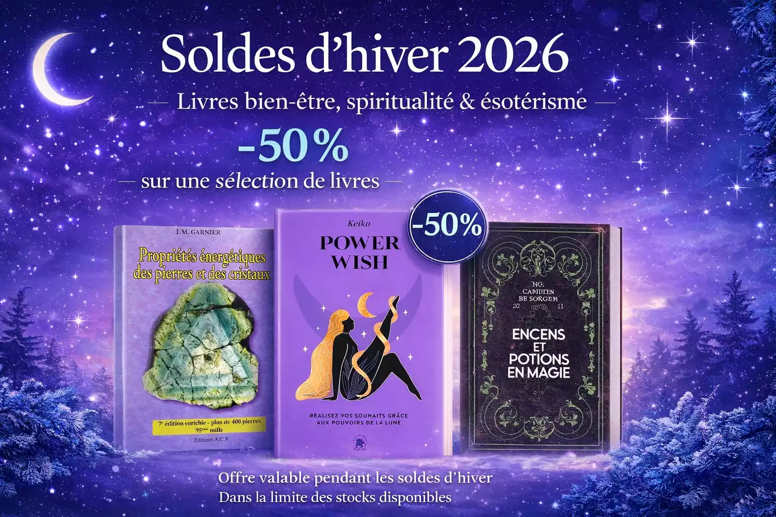 Affiche des soldes d’hiver 2026 avec réduction de 50 pour cent sur une sélection de livres de spiritualité, bien être et ésotérisme