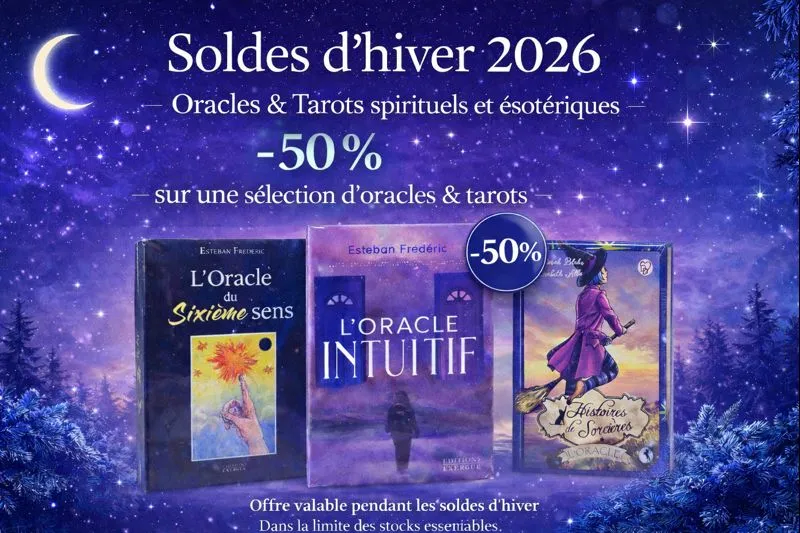 Affiche des soldes d’hiver 2026 avec réduction de 50 pour cent sur une sélection d’oracles et de tarots spirituels