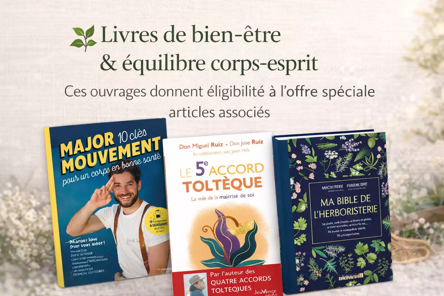 Sélection de livres de bien-être et d’équilibre corps-esprit donnant accès à des articles associés