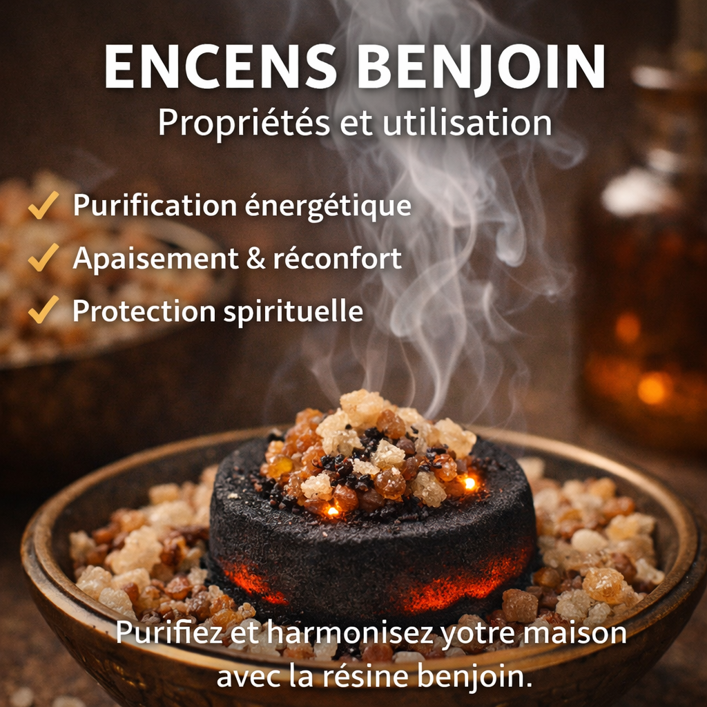 encens benjoin en grains brûlant sur un charbon avec fumée pour purifier une maison