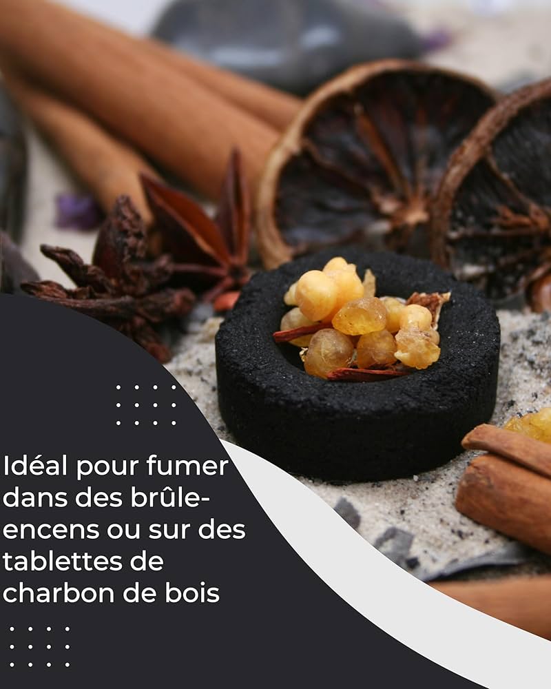 encens benjoin en grains brûlant sur un charbon avec fumée douce dans une pièce pour purifier la maison